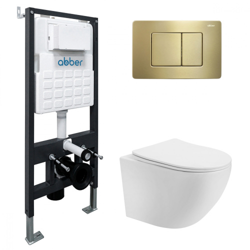 Комплект ABBER: унитаз Bequem AC1100T белый, инсталляция AC0105, клавиша AC0120MMG золото матовое