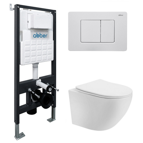 Комплект ABBER: подвесной унитаз Bequem AC1100T белый, инсталляция AC0105, клавиша AC0120MW белая матовая