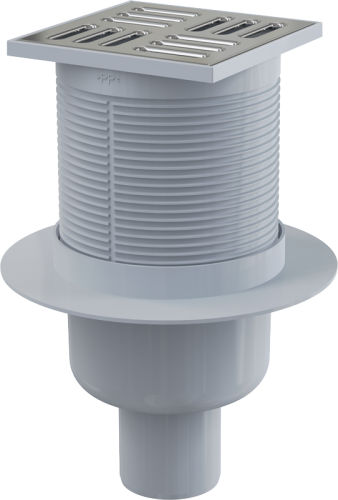 Сливной трап Alcaplast 105 × 105/50, подводка – прямая, решетка – нержавеющая сталь, гидрозатвор – комбинированный гидрозатвор SMART APV32