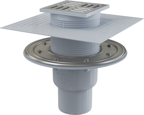 Сливной трап Alcaplast 105х105/50/75 мм, прямая подводка, решетка и фланец из нержавеющей стали, воротник – 2–х уровневая изоляция, комбинированный гидрозатвор SMART APV2324