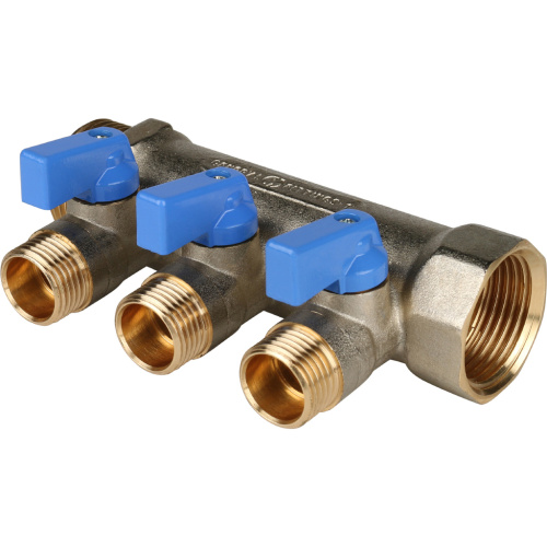 Коллектор 3 выхода STOUT 1"x1/2" с кранами, синии ручки SMB 6211 011203