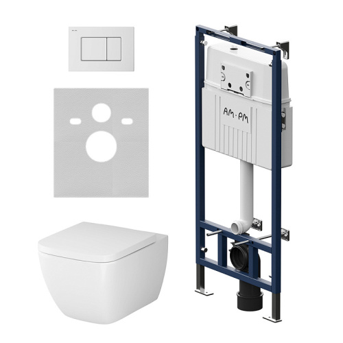 Унитаз с инсталляцией Am.Pm IS100201.901701 MasterFit клавиша S белый глянец + Gem белый, безободковый, сиденье микролифт