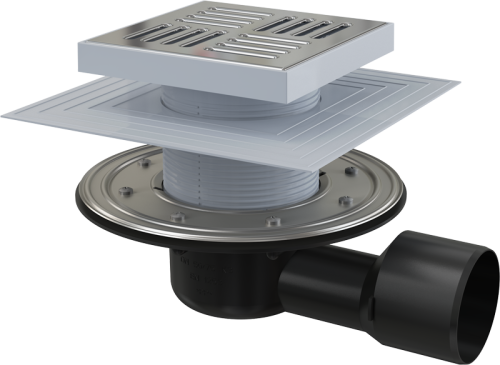 Сливной трап Alcaplast 150 × 150/50/75, подводка – боковая, решетка – нержавеющая сталь, фланец –нержавеющая сталь, воротник – 2–х уровневая изоляция, гидрозатвор – сухой и мокрый APV3444