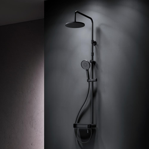 Душевая система Am.Pm X-Joy F0785A722 черный: смеситель полка с изливом, стойка с верхним душем, ручной душ