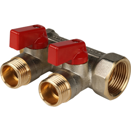 Коллектор 2 выхода STOUT 3/4"x1/2" с кранами, красные ручки SMB 6200 341202
