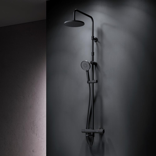 Душевая система Am.Pm X-Joy F0785A522 черный: смеситель с термостатом и изливом, стойка с верхним душем, ручной душ