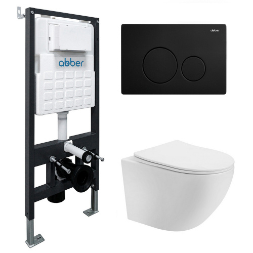 Комплект ABBER: подвесной унитаз Bequem AC1100T белый, инсталляция AC0105, клавиша AC0121MB черный матовый