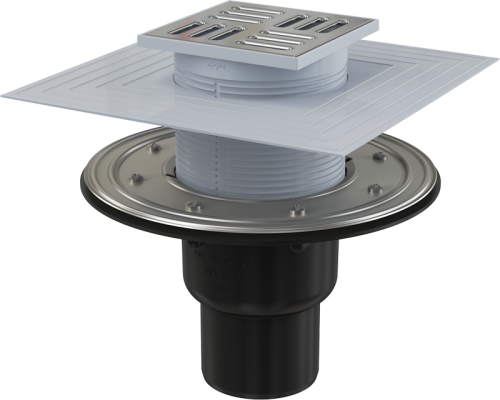 Сливной трап Alcaplast 105х105/50/75 мм, прямая подводка, решетка и фланец из нержавеющей стали, воротник – 2–х уровневая изоляция, гидрозатвор – сухой и мокрый APV4344