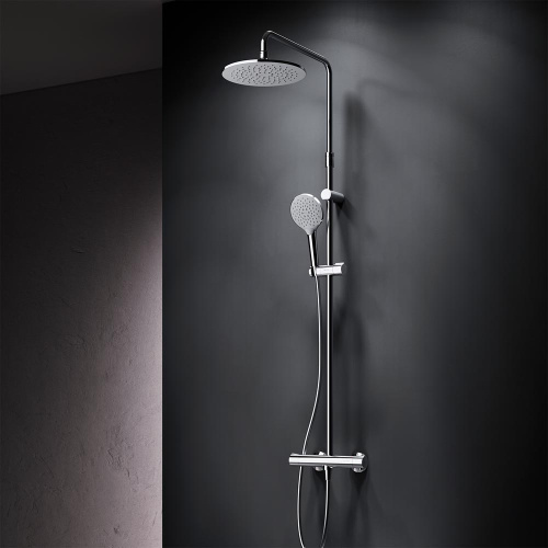 Душевая система Am.Pm Like F0780464 хром: смеситель с термостатом, стойка с верхним душем, ручной душ