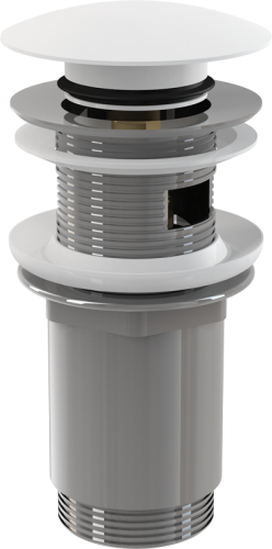 Выпуск Alcaplast 5/4", для раковины, механизм click/clack, цельнометаллический с переливом, с большой белой заглушкой A392B