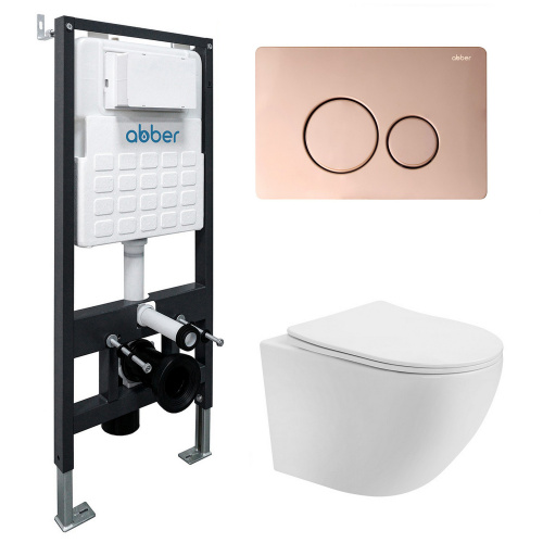 Комплект ABBER: подвесной унитаз Bequem AC1100T белый, инсталляция AC0105, клавиша AC0121RG золото розовое