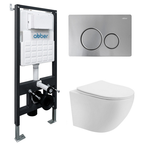 Комплект ABBER: подвесной унитаз Bequem AC1100T белый, инсталляция AC0105, клавиша AC0121MCH матовый хром