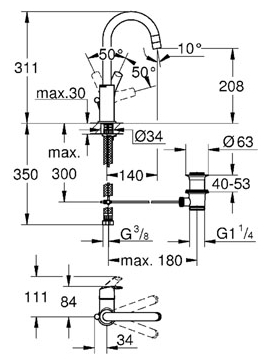 Смеситель для раковины Grohe Eurosmart 23537002 хром, донный клапан, поворотный излив