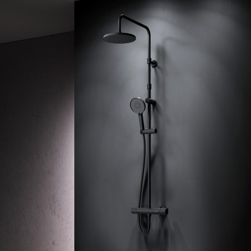 Душевая система Am.Pm X-Joy F0785A422 черный: смеситель с термостатом, стойка с верхним душем, ручной душ