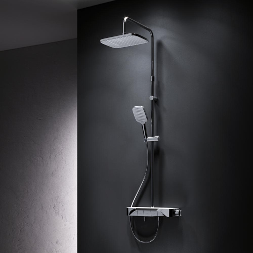 Душевая система Am.Pm Func F078F300 хром: смеситель полка с термостатом и изливом, стойка с верхним душем, ручной душ