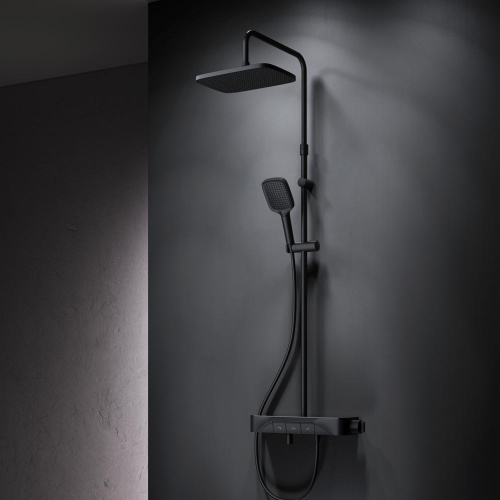 Душевая система Am.Pm Func F078F322 черный: смеситель полка с термостатом и изливом, стойка с верхним душем, ручной душ
