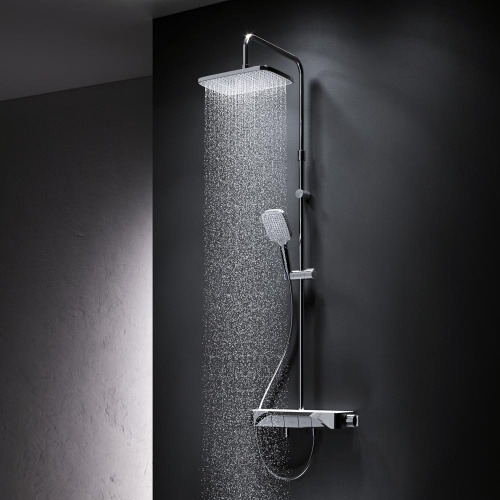 Душевая система Am.Pm Func F078F300 хром: смеситель полка с термостатом и изливом, стойка с верхним душем, ручной душ