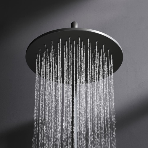 Душевая система Am.Pm Like F0780722 черный: смеситель полка с изливом, стойка с верхним душем, ручной душ