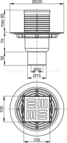 Сливной трап Alcaplast 105х105/50 мм, прямая подводка, решетка из нержавеющей стали, гидрозатвор мокрый APV201