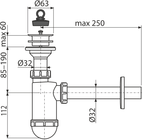 Сифон Alcaplast Ø32, для раковины, с пластмассовой peшeткой Ø63 A420