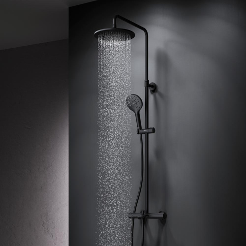 Душевая система Am.Pm Like F0780522 черный: смеситель с термостатом и изливом, стойка с верхним душем, ручной душ