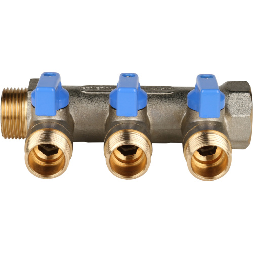 Коллектор 3 выхода STOUT 3/4"x1/2" с кранами, синии ручки SMB 6211 341203