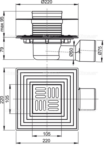 Сливной трап Alcaplast 105х105/50/75 мм, боковая подводка, решетка и фланец из нержавеющей стали, воротник – 2–х уровневая изоляция, гидрозатвор – сухой и мокрый APV3344