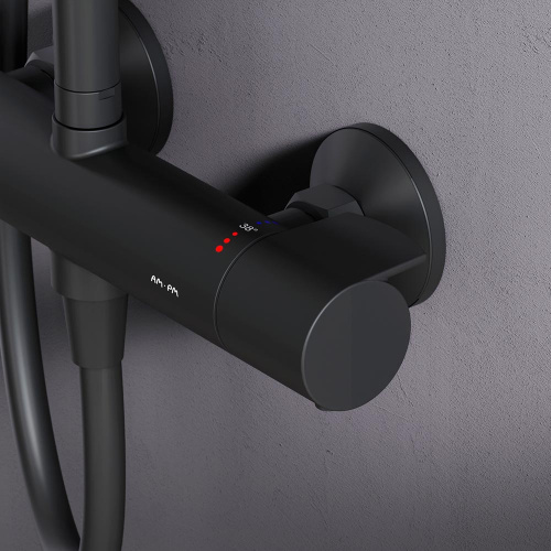 Душевая система Am.Pm X-Joy F0785A422 черный: смеситель с термостатом, стойка с верхним душем, ручной душ
