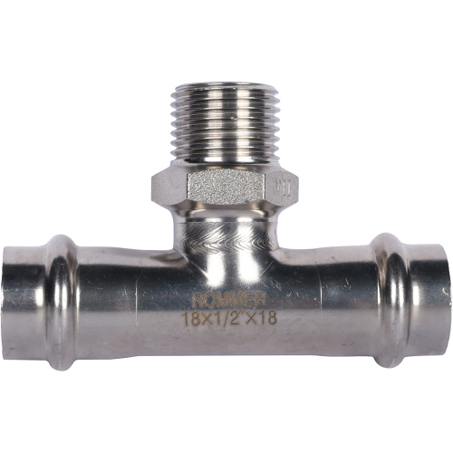 Тройник с резьбой ВПр-НР 18x1/2"x18 пресс, нержавеющая сталь Rommer