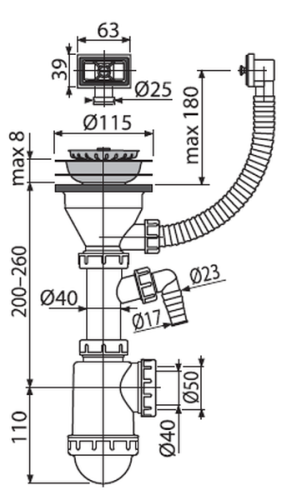 Сифон Alcaplast для мойки с нержавеющей peшeткой Ø115 и гофропереливом A447-DN50/40