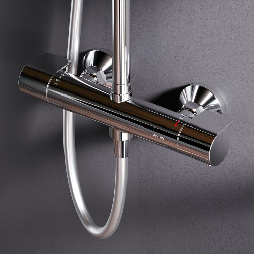 Душевая система Am.Pm X-Joy F0785A400 хром: смеситель с термостатом, стойка с верхним душем, ручной душ
