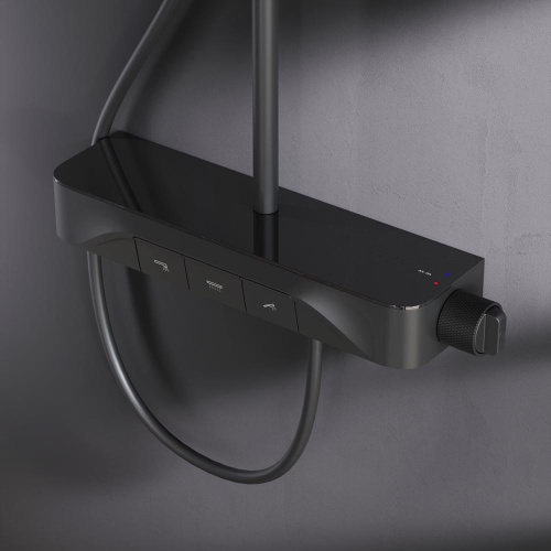 Душевая система Am.Pm Func F078F722 черный: смеситель полка с изливом, стойка с верхним душем, ручной душ