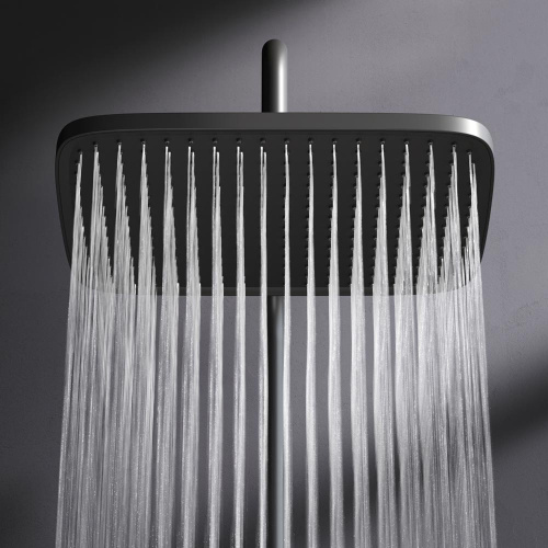 Душевая система Am.Pm Func F078F322 черный: смеситель полка с термостатом и изливом, стойка с верхним душем, ручной душ