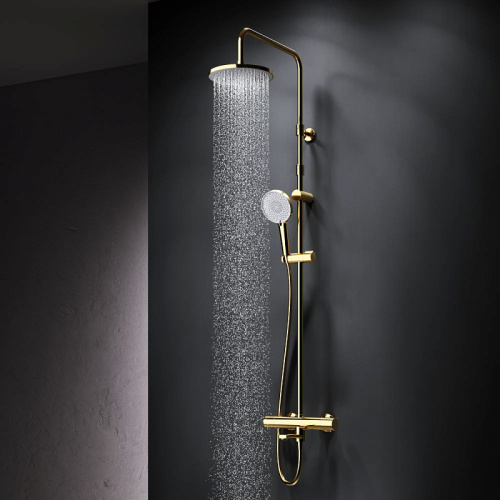 Душевая система Am.Pm X-Joy F0785A599 золото: смеситель с термостатом и изливом, стойка с верхним душем, ручной душ
