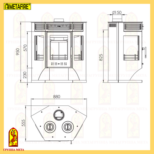 Печь-камин Мета «Москва-12» с чугунной вар. плитой, 12 кВт