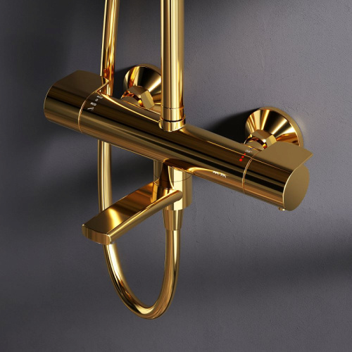 Душевая система Am.Pm X-Joy F0785A599 золото: смеситель с термостатом и изливом, стойка с верхним душем, ручной душ