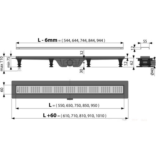 Душевой лоток Alcaplast Simple APZ9-550M, L 550 мм пластик, с решеткой из нержавеющей стали, матовый