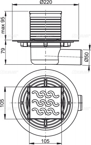 Сливной трап Alcaplast 105х105/50 мм, боковая подводка, решетка латунь-хром, гидрозатвор мокрый APV102