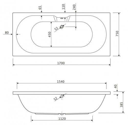 Акриловая ванна Riho 1700x700x450 CALISTO-170-70-45