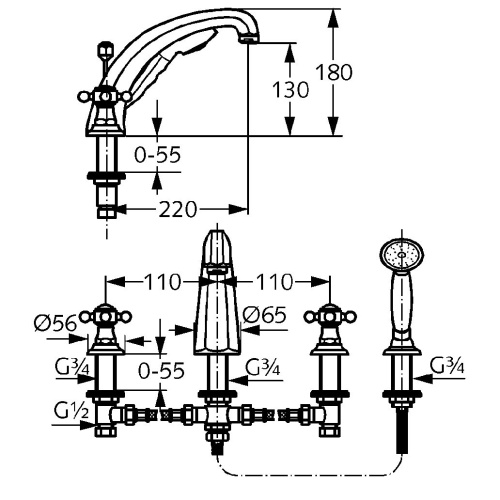 Смеситель для ванны Kludi Adlon 515240520 хром, на 4 отверстия, вытягивающийся ручной душ