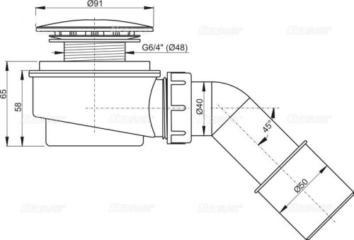 Выпускной комплект Alcaplast d 50 мм, для душевого поддона, заниженный, хромированный пластик A471CRPR.50