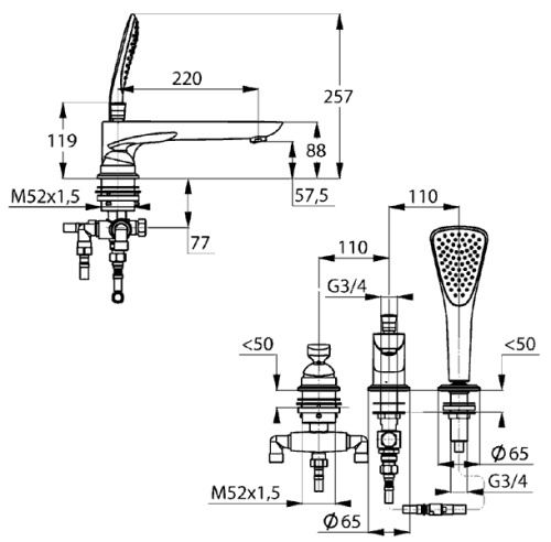 Смеситель для ванны Kludi Balance 524470575 хром, на 3 отверстия, не повротныйй излив (220мм)