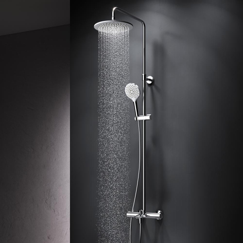 Душевая система Am.Pm Like F0780564 хром: смеситель с термостатом и изливом, стойка с верхним душем, ручной душ