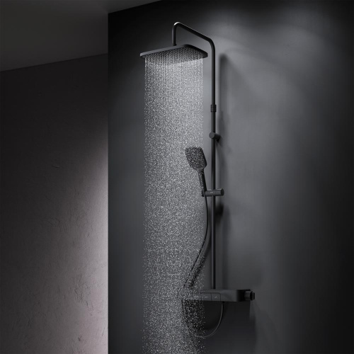 Душевая система Am.Pm Func F078F222 черный: смеситель полка с термостатом, стойка с верхним душем, ручной душ