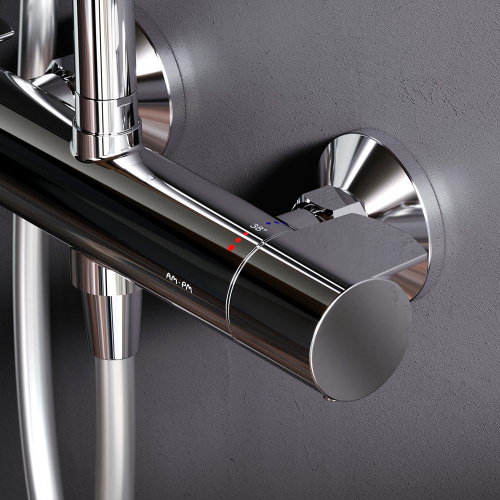 Душевая система Am.Pm X-Joy F0785A400 хром: смеситель с термостатом, стойка с верхним душем, ручной душ