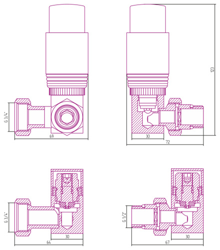 Автоматический терморегулятор Сунержа 3D левый G 1/2" НР х G 3/4" НГ (набор)