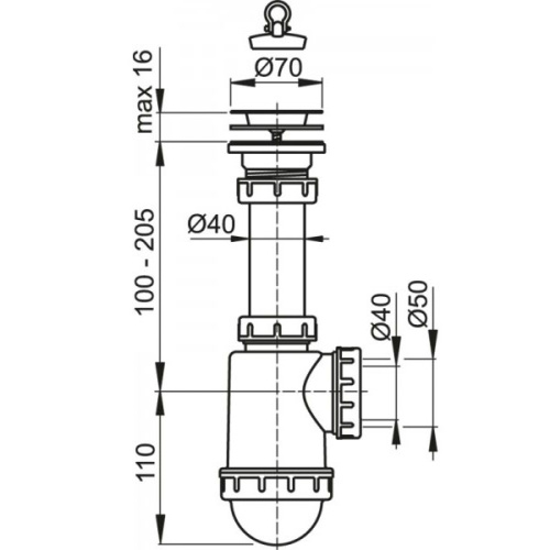 Сифон Alcaplast для мойки с нержавеющей решеткой d 70 мм A441-DN50/40