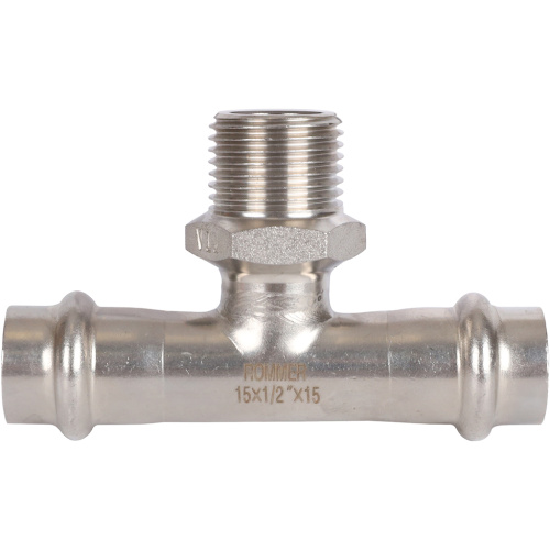 Тройник с резьбой ВПр-НР 15x1/2"x15 пресс, нержавеющая сталь Rommer