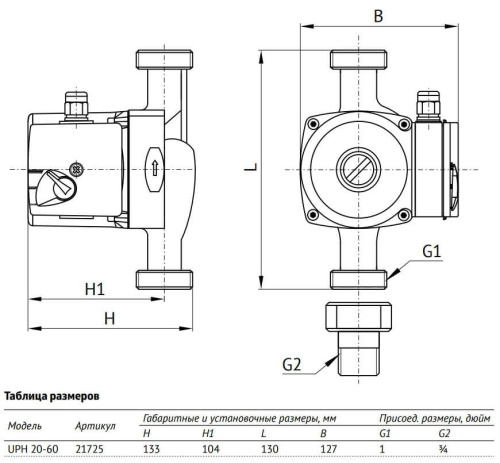 Циркуляционный насос Unipump UPH 20-60 130 мм, до 43 л./мин., для ГВС и отопления