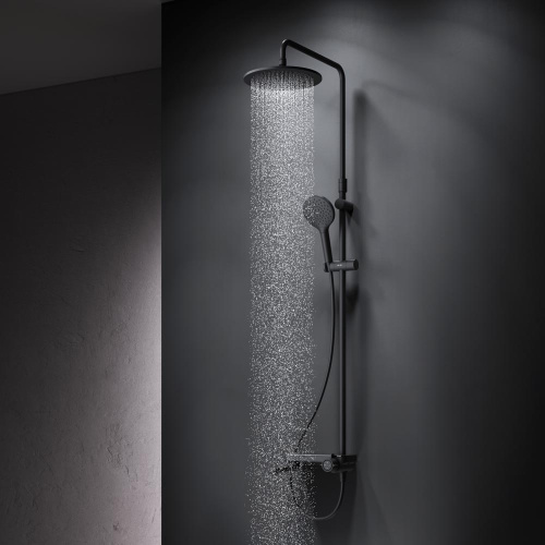 Душевая система Am.Pm Like F0780722 черный: смеситель полка с изливом, стойка с верхним душем, ручной душ